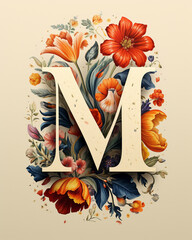 Floral typography and font design of the letter "M"