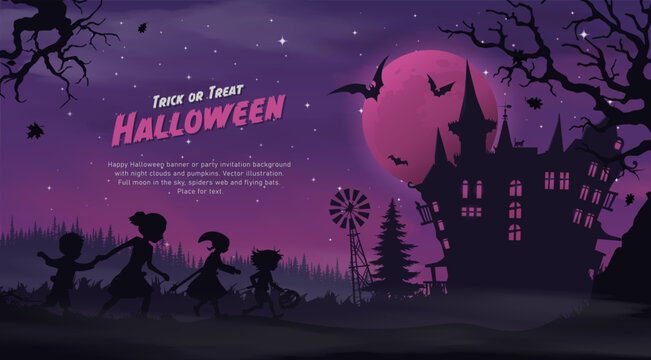 Happy halloween banner or party invitation background with childrens on violet clouds background