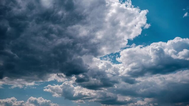 Soft white cumulus clouds slowly move in the blue sky, timelapse. The background of light calm clouds changes shape in cloudy space. Natural background, time-lapse, copy space. 4K