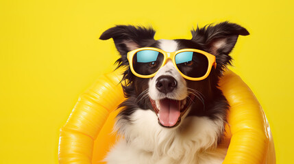Cute and funny Border Collie in trendy yellow sunglass on isolated background.animal summer holiday concept.Created with Generative AI technology