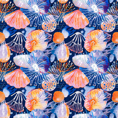  Seamless blue red underwater shell clam repeat background. Tropical modern seashell coastal pattern clash fabric coral reef print for summer beach textile designs with a linen cotton effect.