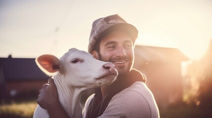 smiling farmer working on the farm with cows
