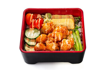 Chicken don with rice on white background