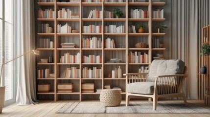 scandinavian bookcase with armchair in modern cozy int.Generative AI.