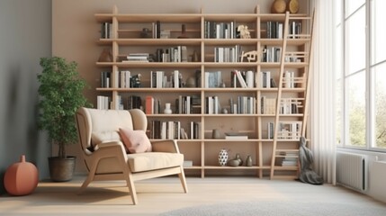 Fototapeta na wymiar scandinavian bookcase with armchair in modern cozy int.Generative AI.