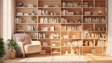 scandinavian bookcase with armchair in modern cozy int.Generative AI.