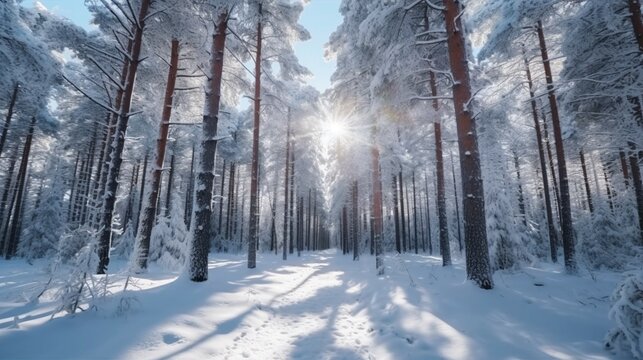 Snow covered white pine trees in frozen forest during.Generative AI.