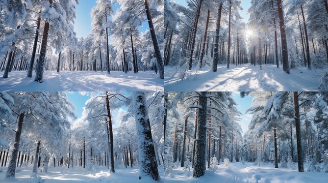 Snow covered white pine trees in frozen forest during.Generative AI.