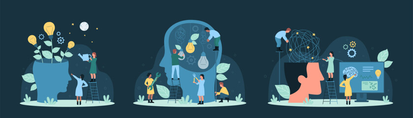Cartoon tiny people water light bulbs and untangle confusion of wires inside human head, session and therapy of professional couch for brain research. Growth of ideas, skills set dark vector concept
