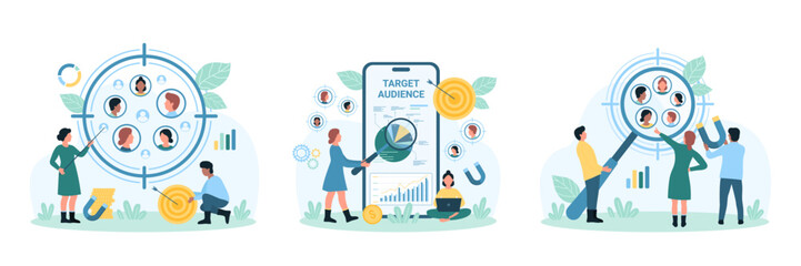 Target audience research set vector illustration. Cartoon tiny people work on market analysis with magnifying glass, study focus group of customers in aim circle and individual approaches to consumers