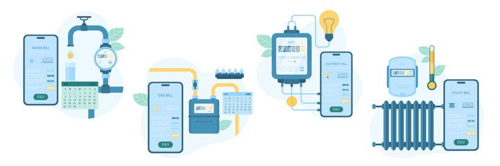 Payment of utility bills in mobile apps set vector illustration. Cartoon smartphones with applications for monitoring consumption and paying for water and gas, heating and electricity services