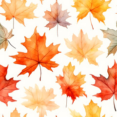 Naklejka na ściany i meble Seamless pattern of maple leaf in autumn season. Watercolor illustration nature background, Generative AI