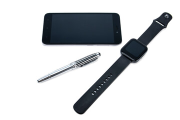 Pen, smart watch and mobile phone isolated on white background. Modern elegant business gadgets isolated