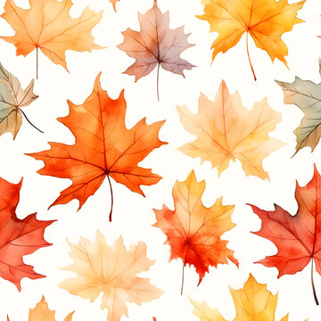 Seamless pattern of maple leaf in autumn season. Watercolor illustration nature background, Generative AI