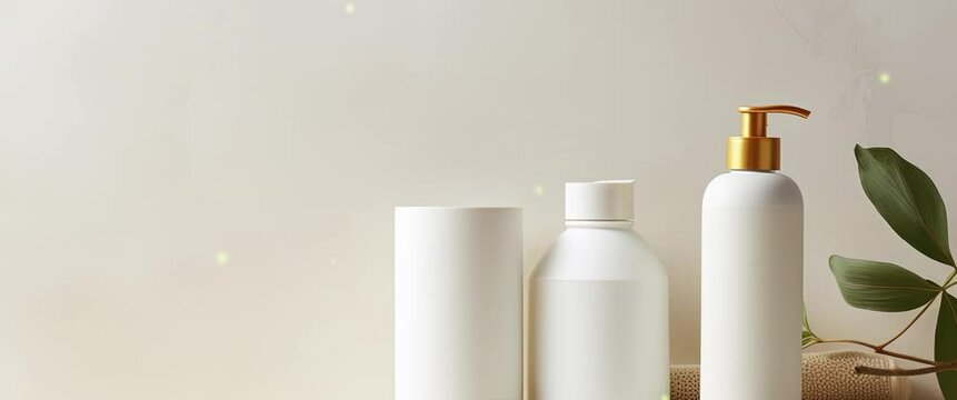 Anamorphic video group of different beige and white glass and plastic cosmetic bottles and jars