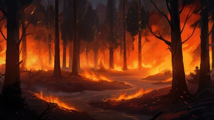 Naklejka premium Intense flames from a massive forest fire. Flames light up the night as they rage thru pine forests and sage brush