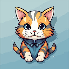 Cute cartoon cat in a blue bow tie. Vector illustration.