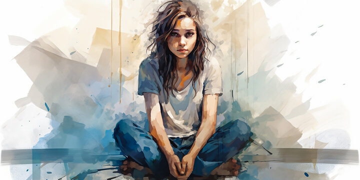 concept of a young woman with depression and anxiety sitting on the floor in watercolor illustration style