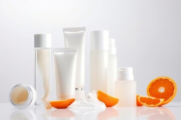 "Chic Cosmetics: Bottles & tubes with oranges on white backdrop. Stunning product photography for cosmetics."
