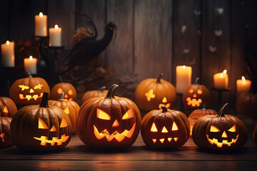 Spooky Halloween Pumpkins with Glowing Candles: Traditional Festival Vibes. Generative AI