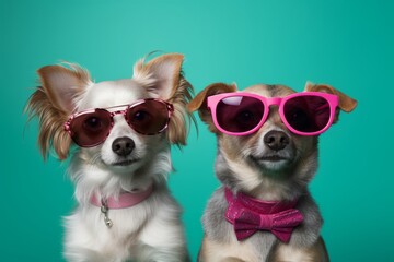 Photo of two adorable dogs sporting pink sunglasses and bow ties created with Generative AI technology