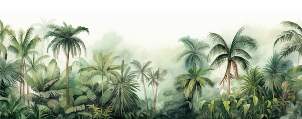Rainforest, ecology, nature, bio-diversity background. Water color drawing of tropical rain forest. Extra wide format, hand edited generative ai.
 - obrazy, fototapety, plakaty