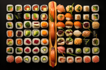 An overhead view of a royal sushi set isolated on a black background. Assortment of Japanese food, a variety of sushi and rolls.