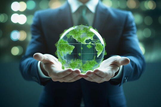 ESG Environmental Social Governance Business Strategy Investing Concept. Businessman Holding Green Earth Globe World .Ethical And Sustainable Investing. Enhance ESG Alignment Of Investments . Eco