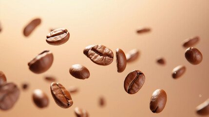 Coffee beans in the air, beautiful background, studio lighting.