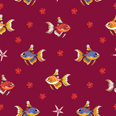 Seamless pattern of ocean fish golden Tetra on red background. Orange and blue tropical sea fish Vector illustration for wallpaper, cloth design, fabric, tissue, textile, wrapping paper