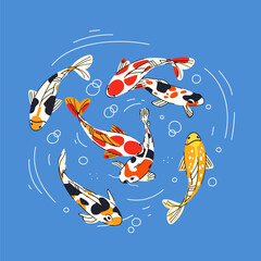 Koi carp swim in water around. Fish Flat vector illustration isolated on blue background