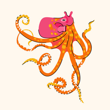 Orange octopus isolated on white background. Ocean marine underwater wild life vector illustration