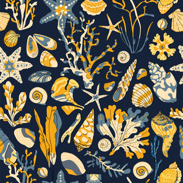 Vector Seaweed coral and algae seamless pattern on dark background. Seabed Plants and ocean shell repeat texture for fabric, wallpaper or wrapping paper, cover