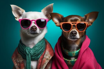 Fototapeta premium Photo of two stylish small dogs wearing sunglasses and scarves created with Generative AI technology