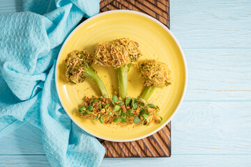 Kids food. Baked broccoli look like trees, ready to eat.