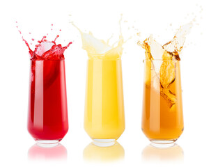 Set of three juices of different taste  - cherry, apple and orange - red, yellow and transparent gold in glass with reflection, colorful splashes, flying drops, swirl isolated on white background.