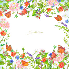 Fototapeta premium watercolor wildflowers and grasses. card with frame of painting rustic colorful meadow flowers and butterflies. vintage invitation with border of plants