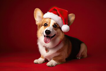 Cute dog corgi in Santa hat celebrates Christmas at home on Christmas eve on red studio background. Winter holidays concept.