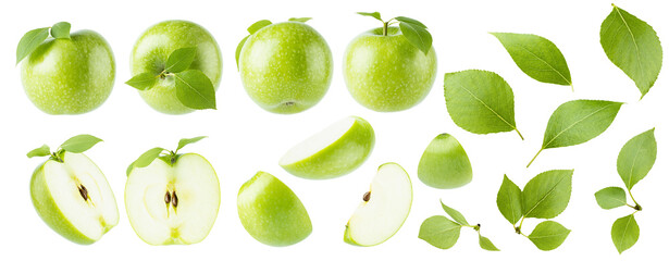 Green apples and green leaves - rich collection, whole, cut on half, pieces with single green leaves, bunches, different sides isolated on white background. Summer fresh fruits as design elements.