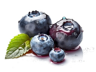 Blueberries with leaves isolated on white background.