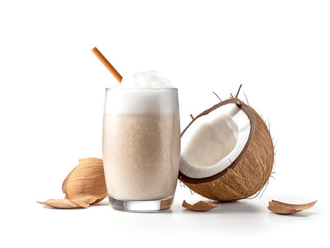 Coconut milk in a glass with a straw and a coconut on a white background.