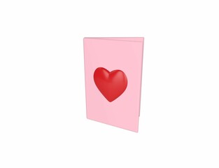 Romantic pink greeting card with a red heart against a white background. 3d render.