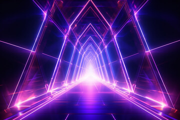 Neon light abstract background. Tunnel or corridor violet neon glowing lights. Laser lines and LED technology create glow in dark room. Cyber club neon light stage room. Laser show.