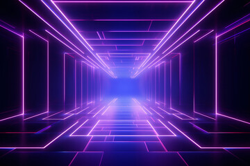 Neon light abstract background. Square tunnel or corridor violet neon glowing lights. Laser lines and LED technology create glow in dark room. Cyber club neon light stage room.