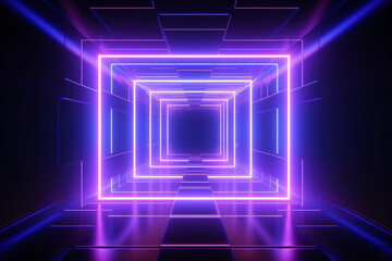Neon light abstract background. Square tunnel or corridor violet neon glowing lights. Laser lines and LED technology create glow in dark room. Cyber club neon light stage room.