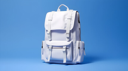 White backpack isolated on a blue background Back to school, education, childhood, primary school theme.