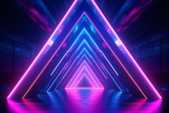 Neon light abstract background. Triangle tunnel or corridor violet neon glowing lights. Laser lines and LED technology create glow in dark room. Cyber club neon light stage room. © Artinun