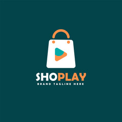 Shop Play simple logo design, with shopping bag element, play or start icon, suitable for online shop business brand logo, company, etc.