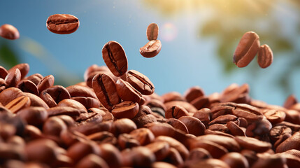 Obraz premium Coffee beans in the air, beautiful background, studio lighting.