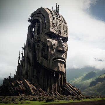 Giant figure of alien as old building. Generative AI